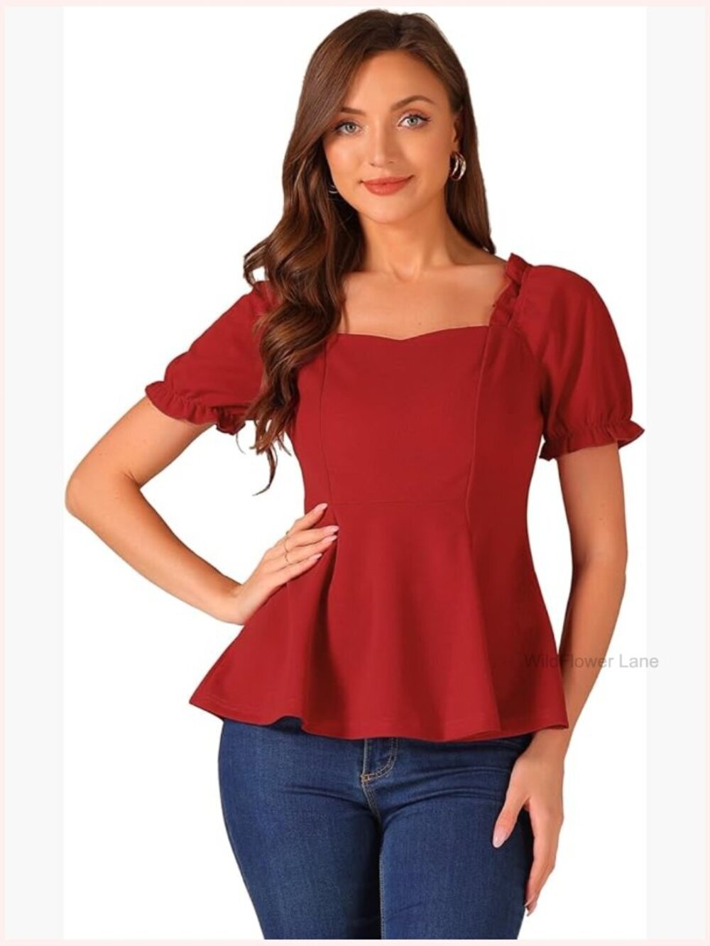 Elegant Peplum Top with Ruffles Puff Sleeve Sweetheart Neck Blouse